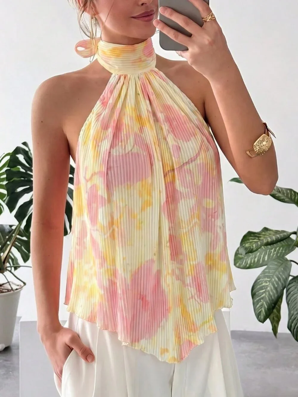 Boho Women's Floral Print Ruched Halter Neck Blouse